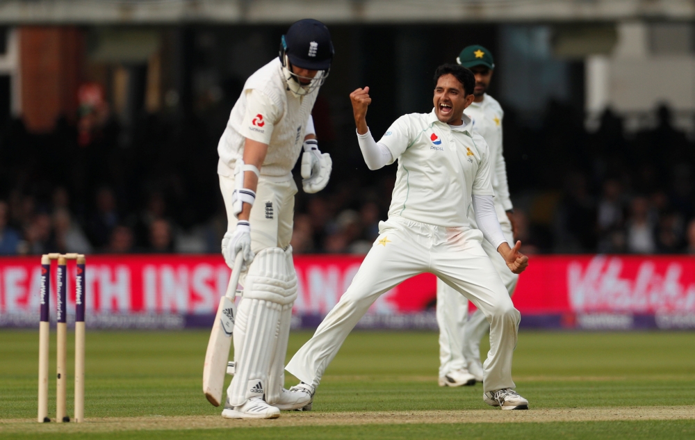 Pakistan's Mohammad Abbas celebrates taking the wicket of England's Stuart Broad    during the first day of teh first Test at the Lord's Cricket Ground, London, on Thursday. — Reuters