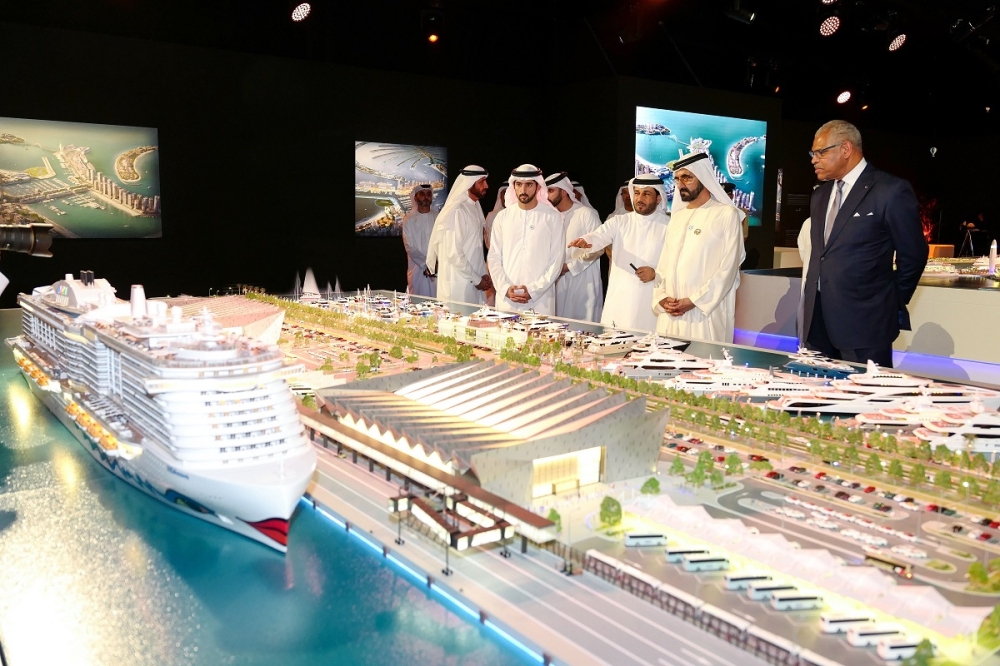 Sheikh Mohammed Bin Rashid Al Maktoum, vice president and prime minister of the UAE and ruler of Dubai, is shown the model of the planned Dubai Cruise Terminal, which is to be the main hub for cruise tourism in Dubai. — Courtesy photo
