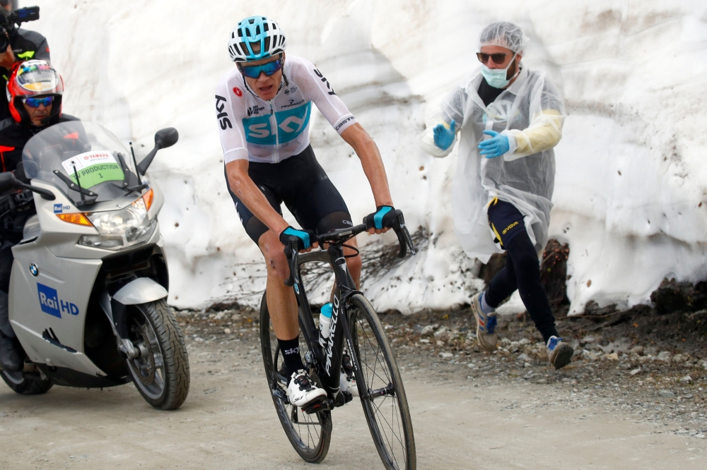 British rider Christopher Froome in action on the gravel of the Colle delle Finestre in the 19th stage from Venaria Reale to Bardonecchia during the 101st Giro d'Italia, Tour of Italy, on Friday in Bardonecchia. — AFP