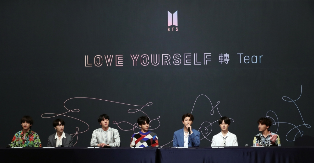 Members of K-Pop boyband BTS, also known as the Bangtan Boys, hold a press conference in Seoul, South Korea on May 24, 2018 to make the release of their third full-length album 