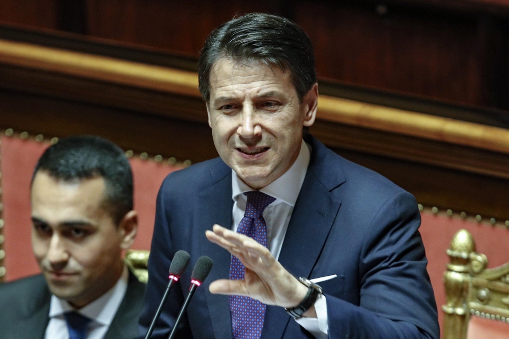 Italian Premier Giuseppe Conte addresses the Senate asking it to put its confidence in his 5-Star Movement/League coalition government in Rome on Tuesday. — EPA