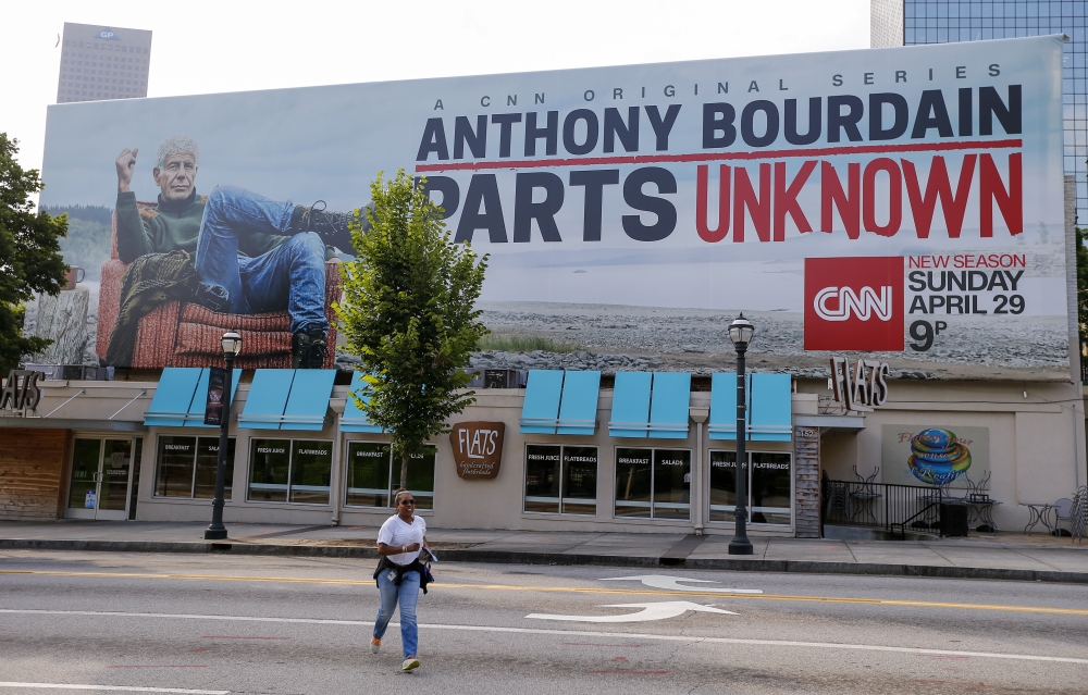 A billboard promoting the CNN Anthony Bourdain shows 'Parts Unknown' in downtown Atlanta, Georgia, USA, on Friday. The CNN network announced the suicide death of celebrity chef and television host Anthony Bourdain in France. — EPA