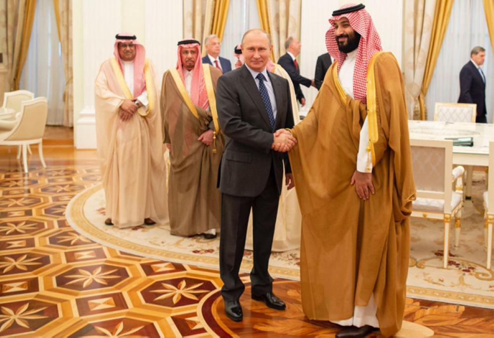 Russian President Vladimir Putin receiving Crown Prince Muhammad Bin Salman, deputy premier and minister of defense, in Moscow on Thursday. — SPA