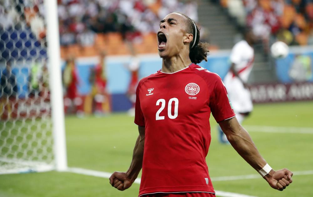 Yussuf Poulsen of Denmark celebrates scoring during the FIFA World Cup 2018 match against Peru in Saransk, Russia, Saturday. — EPA