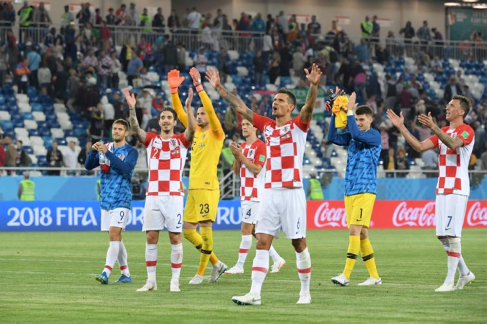 Croatia's players celebrate after during the Russia 2018 World Cup Group D football match between Croatia and Nigeria at the Kaliningrad Stadium in Kaliningrad on Saturday. — AFP