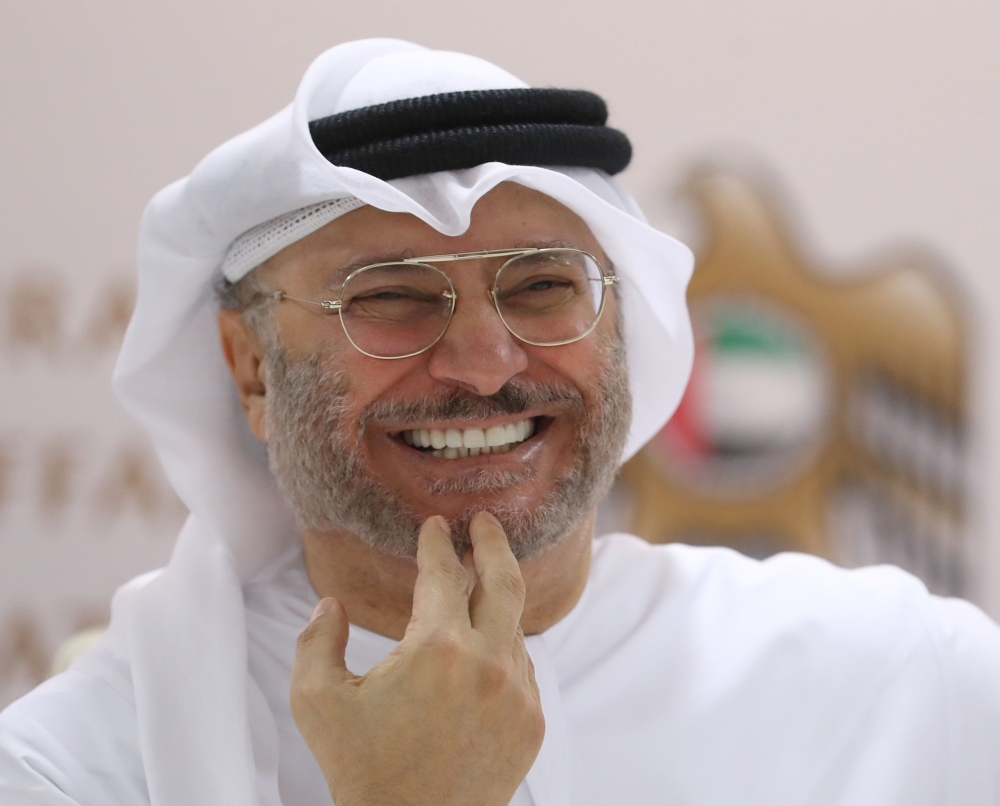 United Arab Emirates’ Minister of State for Foreign Affairs Anwar Gargash smiles during a press conference in Dubai on Monday. — AFP