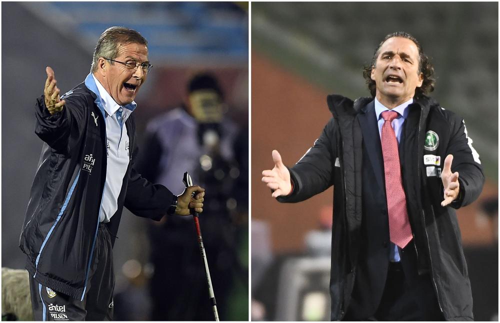 Uruguay's coach Oscar Tabarez (L) and Saudi Arabia's head coach Juan Antonio Pizzi . — AFP