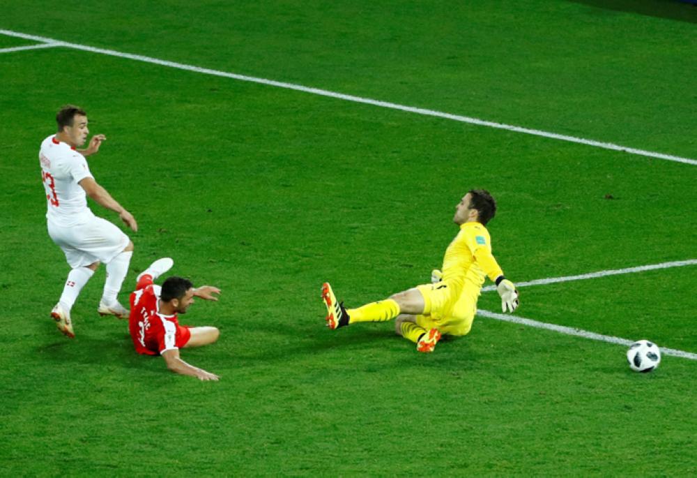 Switzerland's Xherdan Shaqiri scores their second goal — Reuters