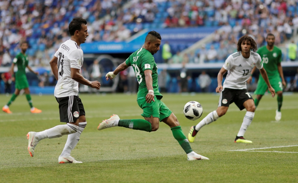 Saudi Arabia's Salem Al-Dawsari scores their second goal against Egypt during the World Cup Group A match at the Volgograd Arena, Volgograd, Russia, on Monday. — Reuters 