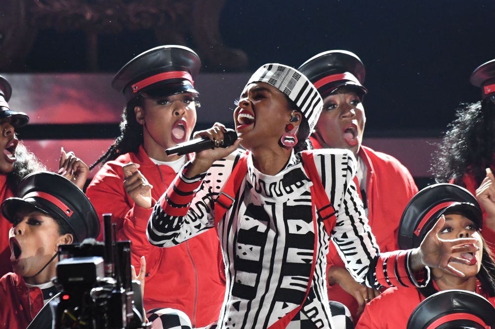 US singer-songwriter Janelle Monae performs onstage during the BET Awards at Microsoft Theatre in Los Angeles, California, on June 24, 2018. / AFP / Valerie MACON
