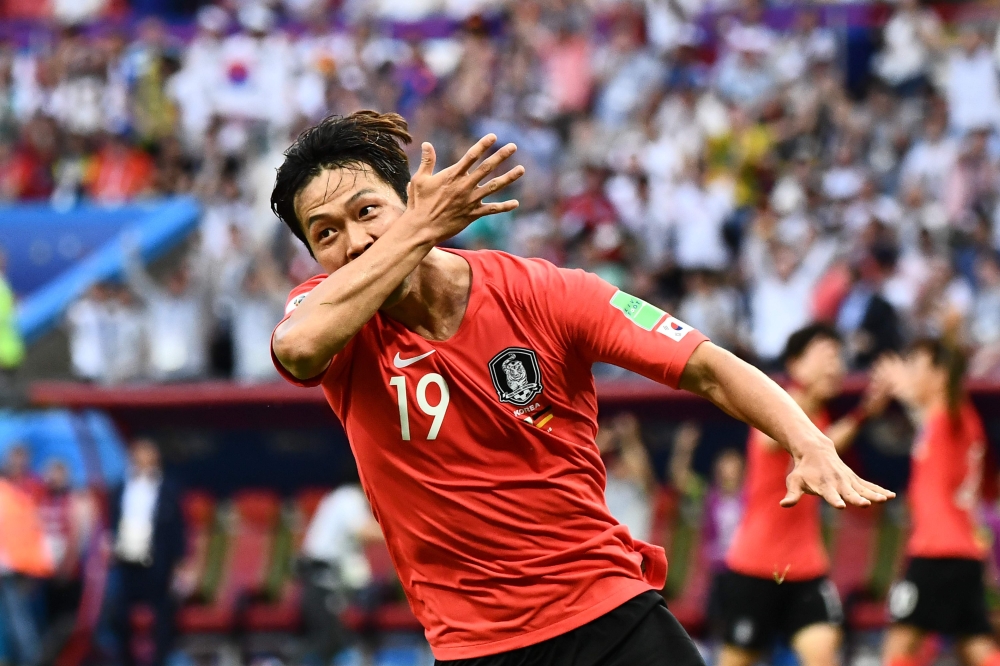 South Korea's defender Kim Young-gwon celebrates after scoring a goal during the Russia 2018 World Cup Group F football match between South Korea and Germany at the Kazan Arena in Kazan on Wednesday. — AFP