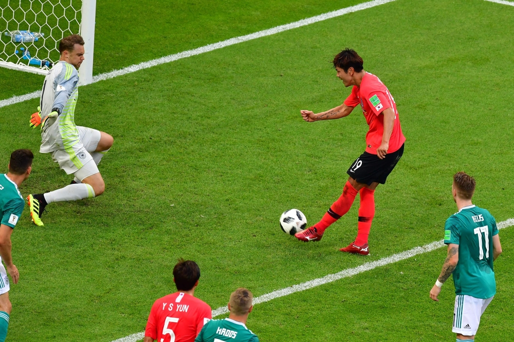 South Korea's defender Kim Young-gwon celebrates after scoring a goal during the Russia 2018 World Cup Group F football match between South Korea and Germany at the Kazan Arena in Kazan on Wednesday. — AFP