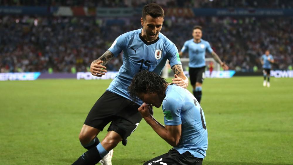 Uruguay's Edinson Cavani celebrating the goal against Portugal during the World Cup round of 16 match in Russia. 
