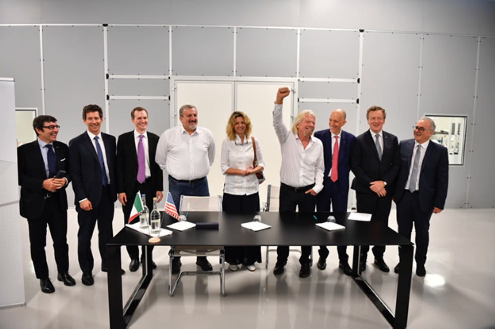 From left: Vincenzo Giorgio, CEO of ALTEC; Dan Hart, CEO of Virgin Galactic; George Whitesides, CEO of Virgin Galactic and The Spaceship Company; Michele Emiliano, Governor of the Region of Puglia; Barbara Lezzi, Italian Minister for the South; Sir Richard Branson, founder of the Virgin Group; Vito Pertosa, Founder of Angel Group; Roberto Battiston, President of the Italian Space Agency; and Nicola Zaccheo, CEO of Sitael. — SG