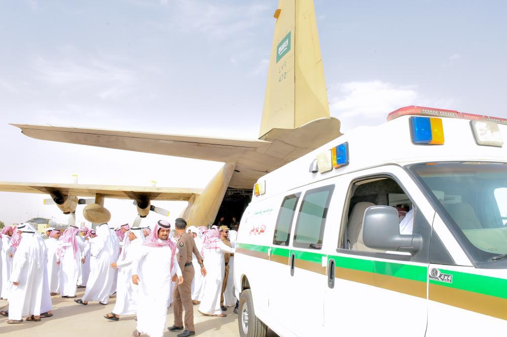 The bodies of Theeb and Jasser Al-Rakah Al-Yami arrive at Najran airport on Sunday.