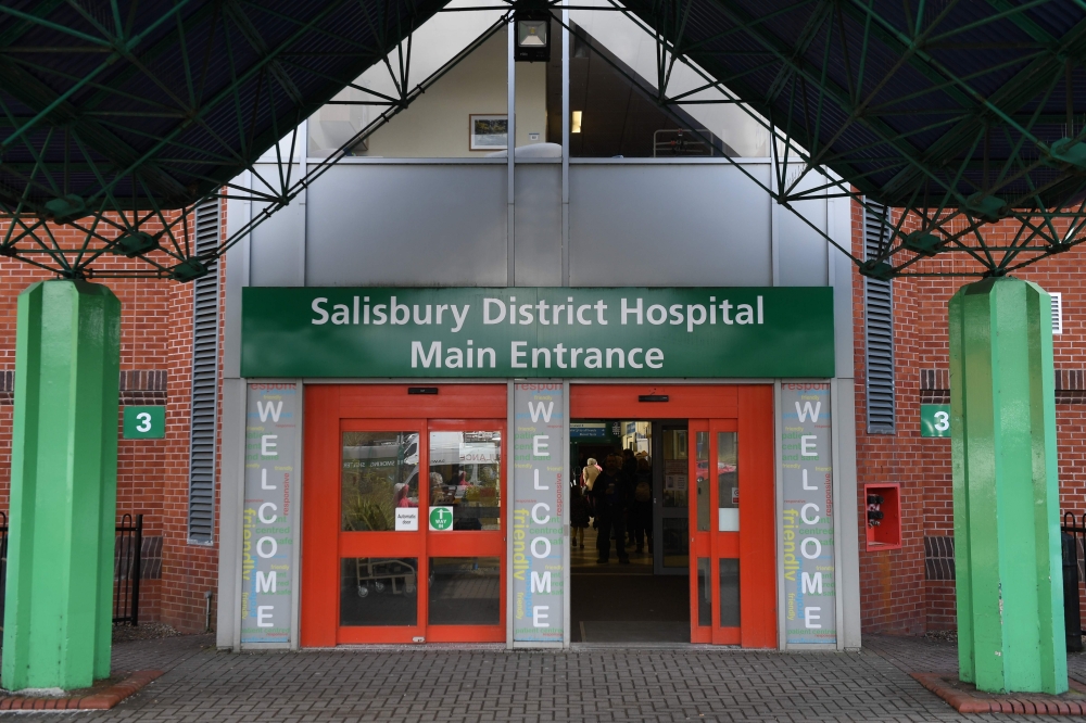 This file photo taken on March 6, 2018 shows the main entrance to Salisbury District Hospital in Salisbury, southern England.  — AFP