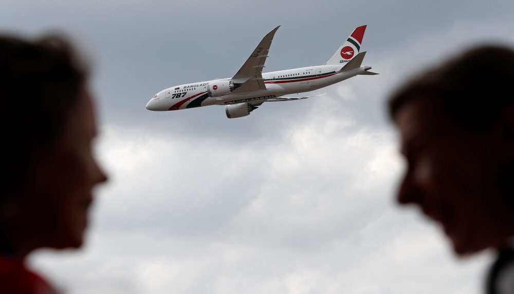 A Boeing 787-8 Dreamliner aircraft, operated by Biman Bangladesh Airlines, performs in a flying display at the Farnborough Airshow, south west of London, on July 18, 2018. — AFP