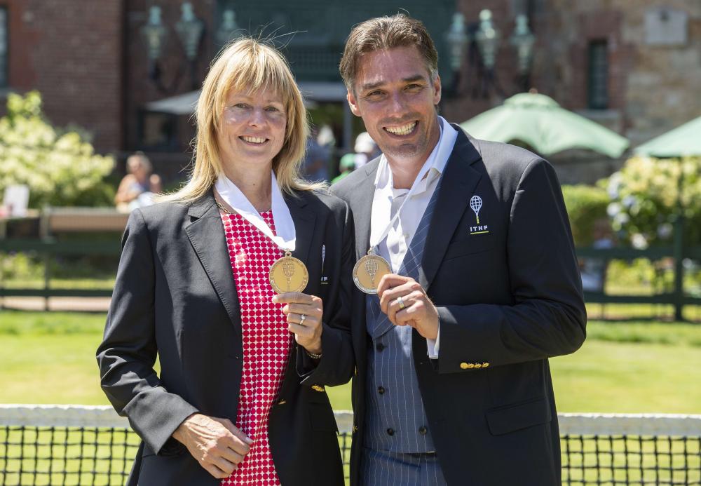 International Tennis Hall of Fame inductees Helena Sukova and Michael Stich stand together following an induction ceremony in Newport, Rhode Island, Saturday. — AFP 