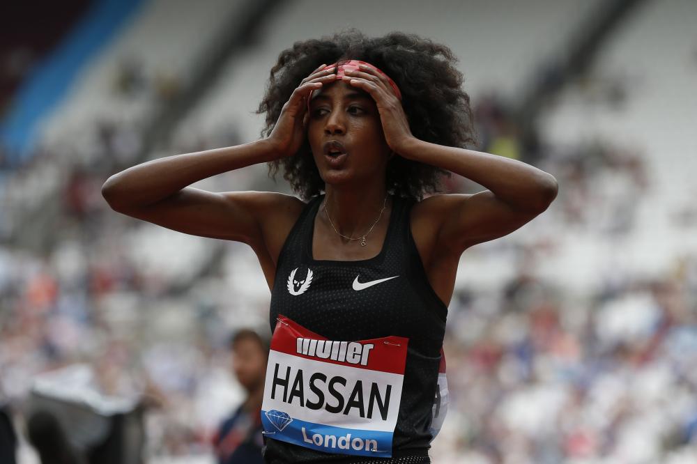 Sifan Hassan of the Netherlands reacts after winning the women's 1 mile event during the anniversary games at the Queen Elizabeth Stadium in London Sunday. — AFP
