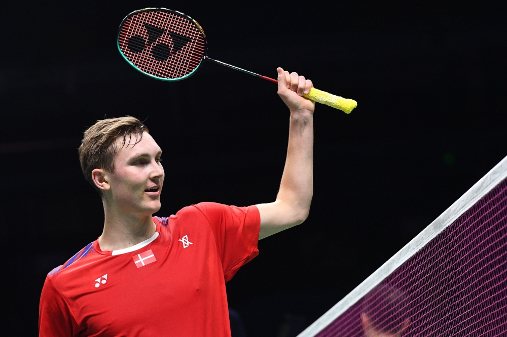 Viktor Axelsen of Denmark reacts after defeating Ng Ka Long Angus of Hong Kong in their men's singles match during the badminton World Championships in Nanjing, Jiangsu province on Thursday. — AFP