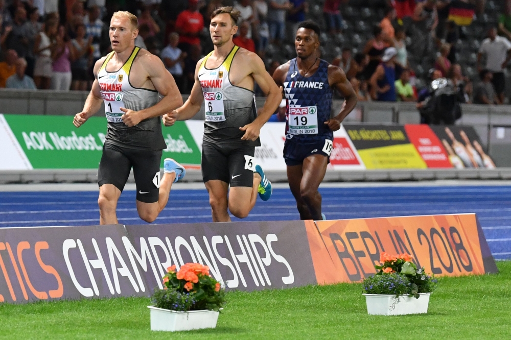 Germany's Arthur Abele (L-R) competes ahead of Great Britain's Tim Duckworth and France's Ruben Gado during the men's decathlon 1,500m final during the European Athletics Championships at the Olympic stadium in Berlin on Wednesday. — AFP 