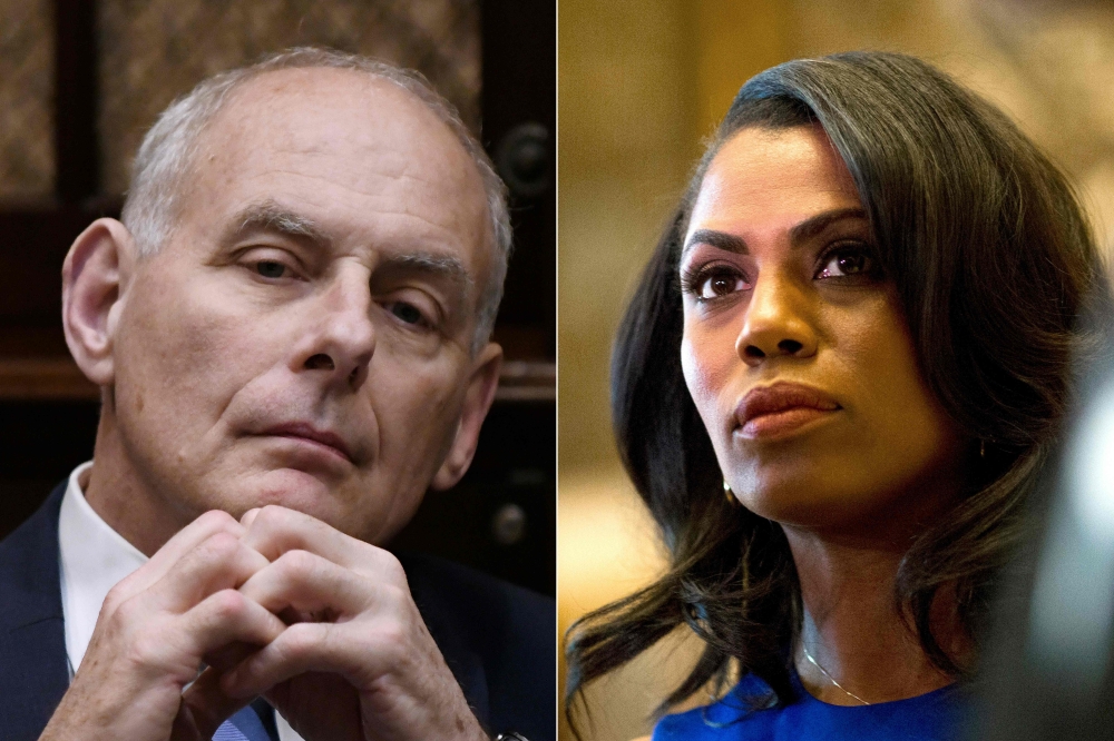 This combination of file pictures created on Sunday shows White House Chief of Staff John Kelly listens to US President Donald Trump in the Roosevelt Room of the White House on June 21, 2018 and Omarosa Manigault, a staffer for US President-elect Donald Trump, listens as Martin Luther King III speaks to the media after meeting with the President-elect at Trump Tower in New York City on Jan. 16, 2017. — AFP