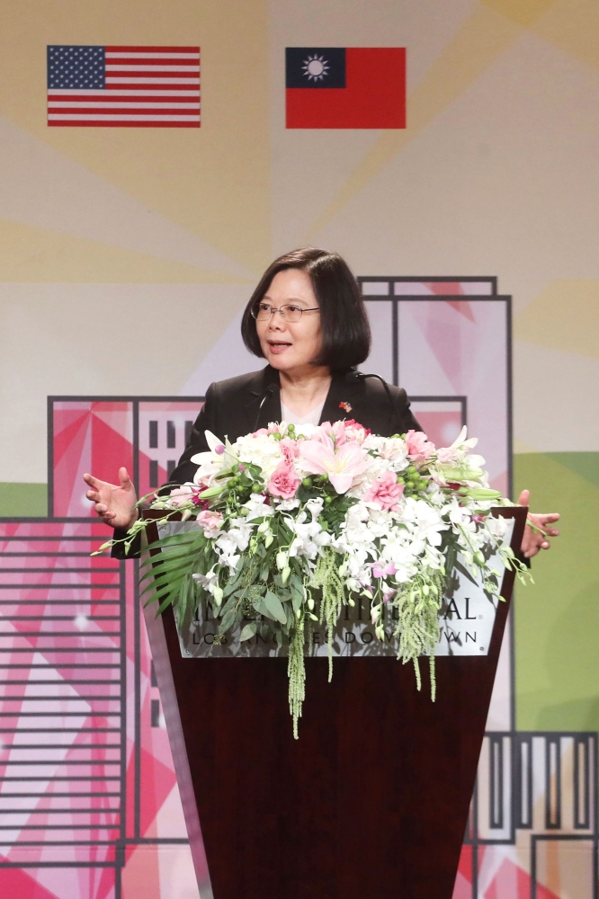 This photograph by Taiwan agency CNA Photo taken on Sunday, 2018 shows Taiwan President Tsai Ing-wen speaking during her visit to Los Angeles, California, during a stopover en route to allies Paraguay and Belize. — AFP