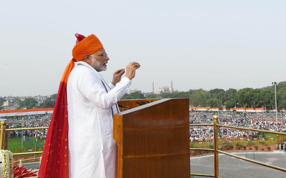 Indian Prime Minister Narendra Modi gestures while delivering his speech as part of India’s 72nd Independence Day celebrations, which marks the 71st anniversary of the end of British colonial rule, at the Red Fort in New Delhi on Wednesday. — AFP