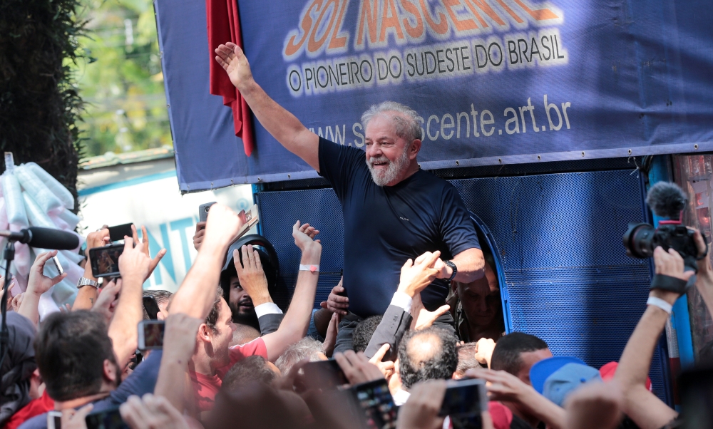 Former Brazilian President Luiz Inacio Lula da Silva is carried by supporters in front of the metallurgic trade union in Sao Bernardo do Campo, Brazil, in this April 7, 2018 file photo. — Reuters
