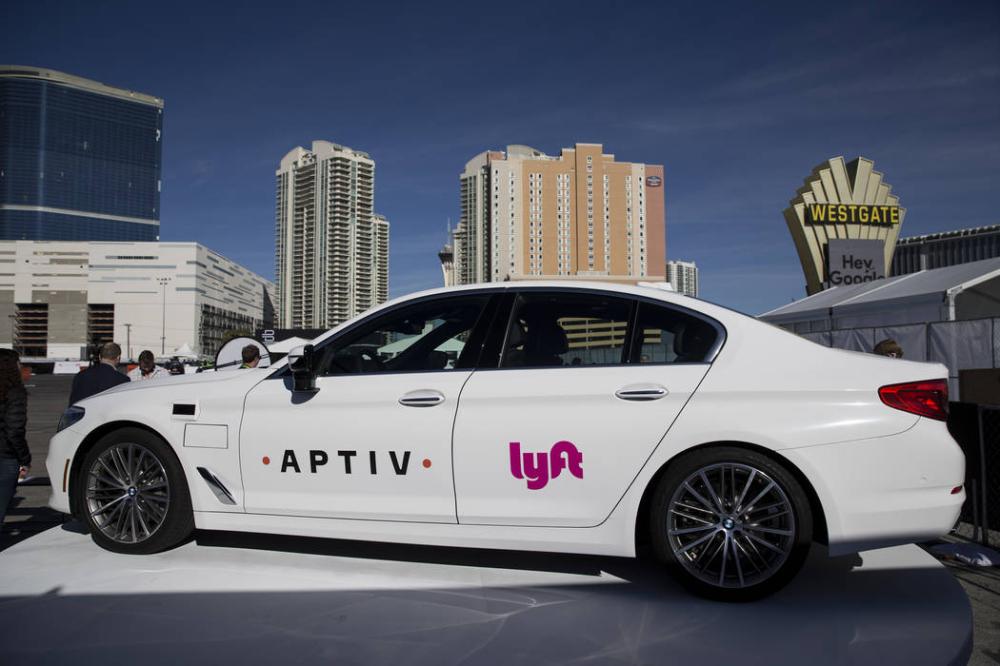 File photo shows Aptiv and Lyft showcasing their autonomous vehicle outside of the Las Vegas Convention Center.