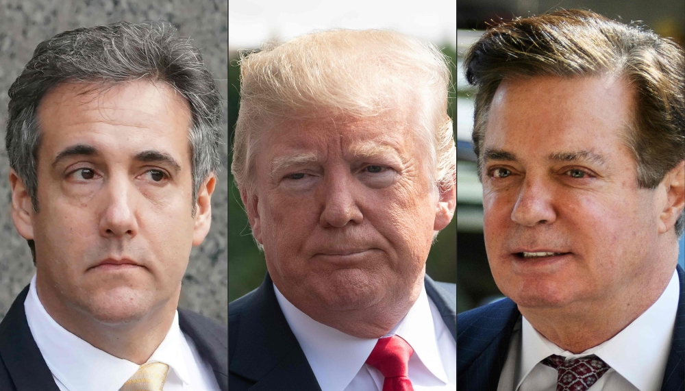 This combination of pictures created on Wednesday shows recent images of
Michael Cohen, left, former personal lawyer for US President Donald Trump, US President Donald Trump, center, and former Trump campaign Manager Paul Manafort. — AFP