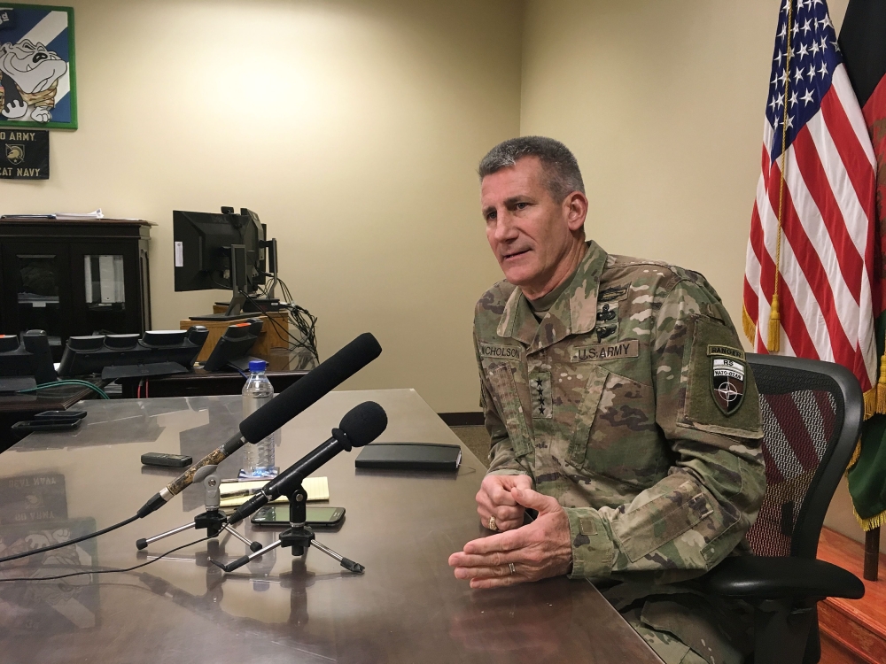 General John Nicholson, who leads US and NATO forces in Afghanistan, speaks to reporters at Bagram Air Base, about 60km north of the Afghan capital Kabul, in this March 14, 2018 file photo. — AFP