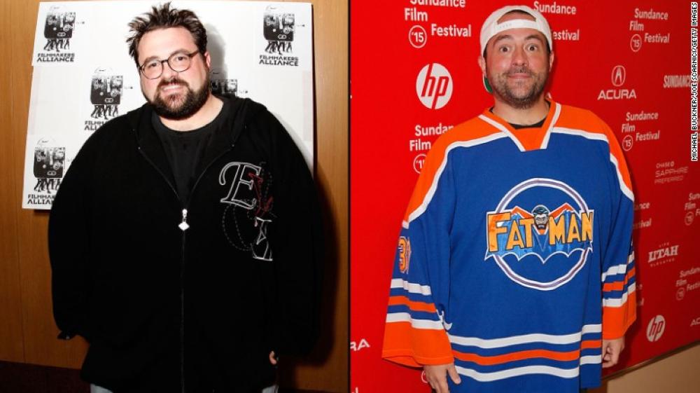 Filmmaker Kevin Smith in 2008, left, and in 2015 after he shed 85 lbs (39 kg).