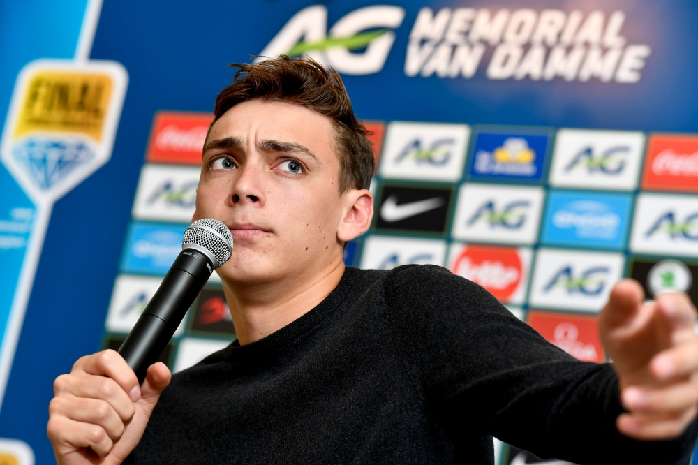 Swedish pole vaulter Armand Duplantis gives a press conference in Brussels on Thursday, on the eve of the IAAF 