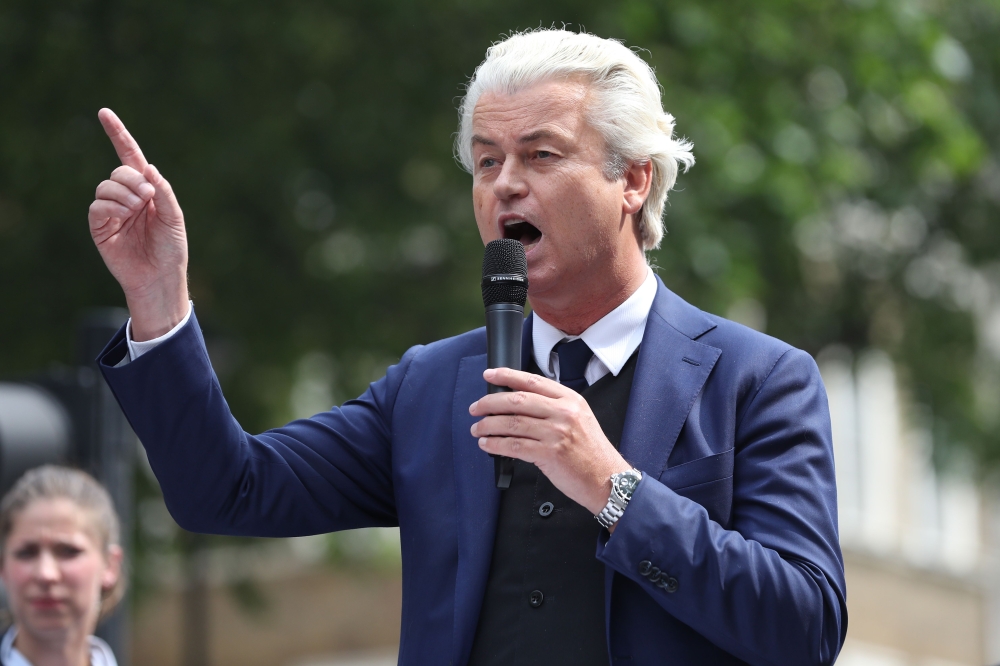 Dutch far-right PVV party leader Geert Wilders speaks at a gathering of supporters of British far-right spokesman Tommy Robinson in central London in this June 9, 2018 file photo. — AFP
