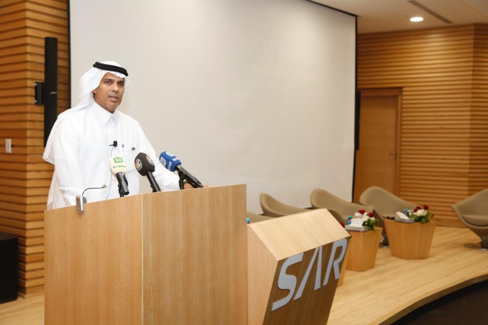 Saudi Minister of Transport and SAR chairman of the board of directors Nabil Al-Amoudi speaks during the inauguration on Monday of the Freight Solutions Forum at SAR headquarters in Riyadh
