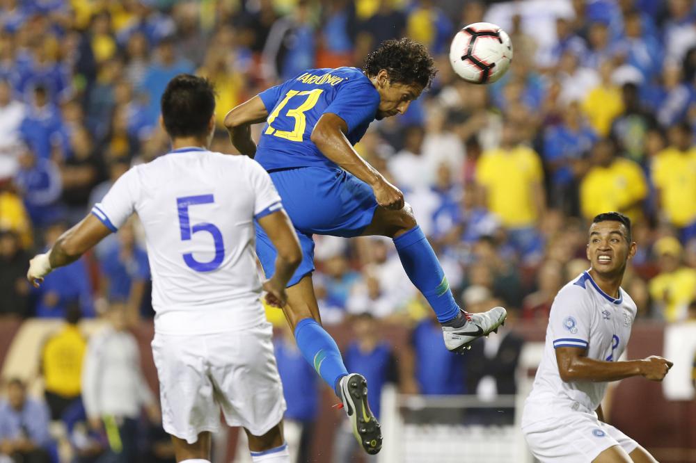 Brazil’s defender Marquinhos scores a goal against El Salvador during their international friendly soccer match at FedEx Field in Landover, Maryland, Tuesday. — Reuters