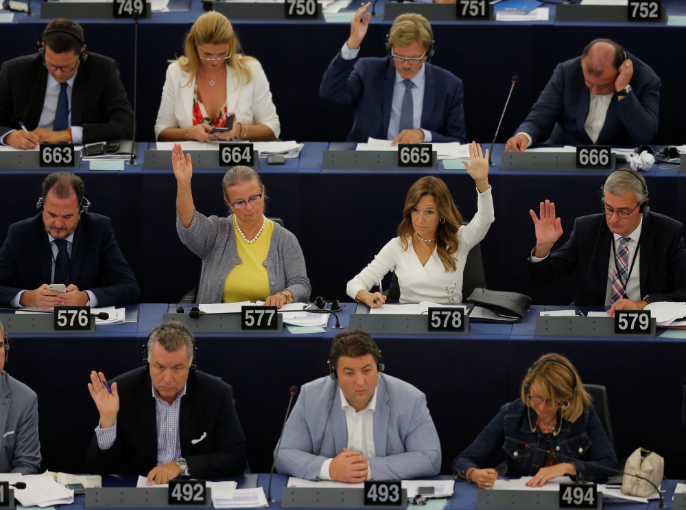 Members of the European Parliament take part in a vote on modifications to EU copyright reforms during a voting session at the European Parliament in Strasbourg, France, on Wednesday. — Reuters