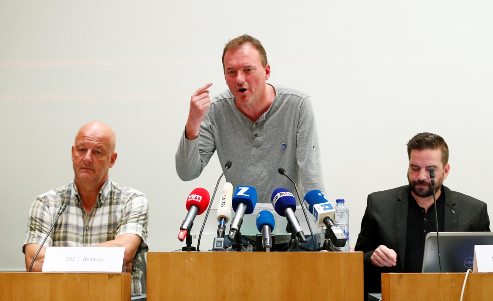 Ryanair union representative Didier Lebbe holds a joint news conference with other European union representatives in Brussels, Belgium. on Thursday. – Reuters