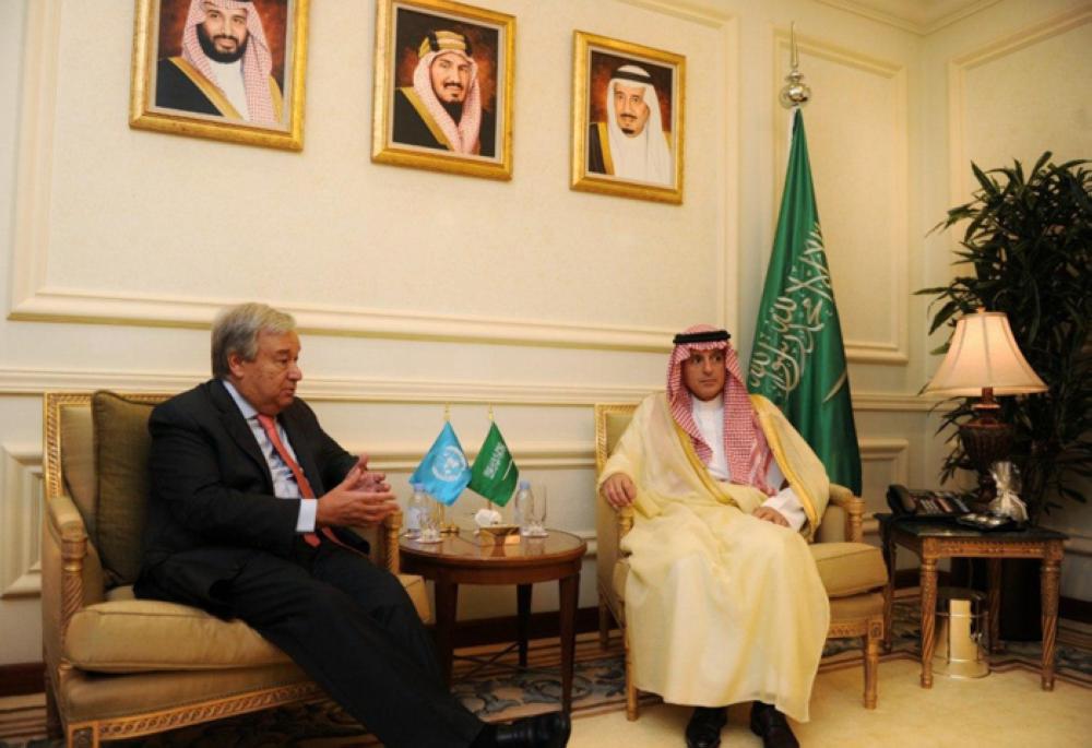 Foreign Minister Adel Al-Jubeir holds talks with United Nations Secretary General Antonio Guterres in Jeddah on Sunday. -SPA 