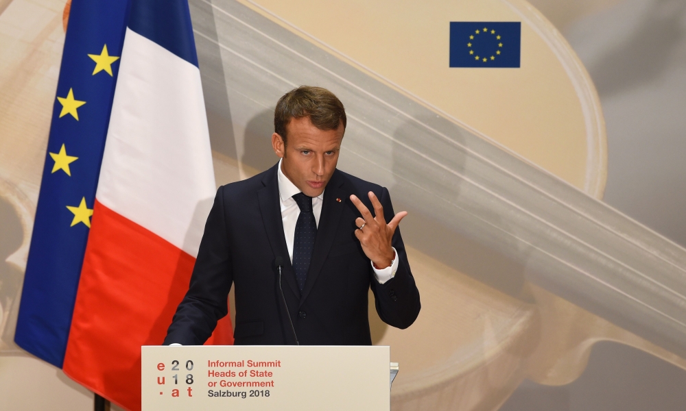 France's President Emmanuel Macron addresses a press conference at the end of the EU Informal Summit of Heads of State or Government at the Mozarteum University in Salzburg, Austria, on Thursday. — AFP