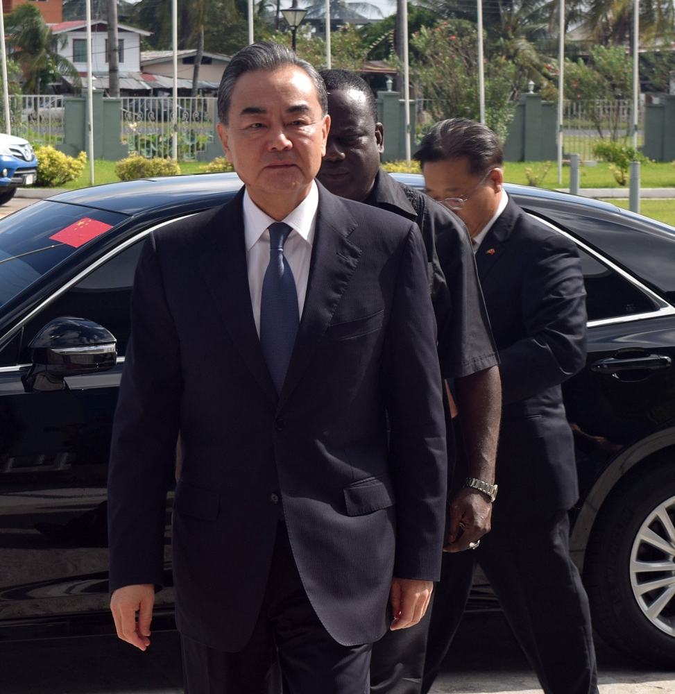 Chinese Foreign Minister Wang Yi arrives at the Arthur Chung Conference Centre, Liliendaal, Greater Georgetown, Guyana, in this Sept. 22, 2018 file photo. — Reuters