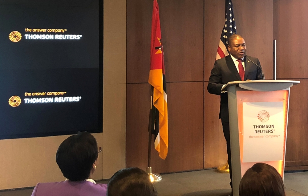 Mozambique President Filipe Nyusi, talks to executives at an event sponsored by The Initiative for Global Development and hosted by Thomson Reuters in New York City, US, on Wednesday. — Reuters