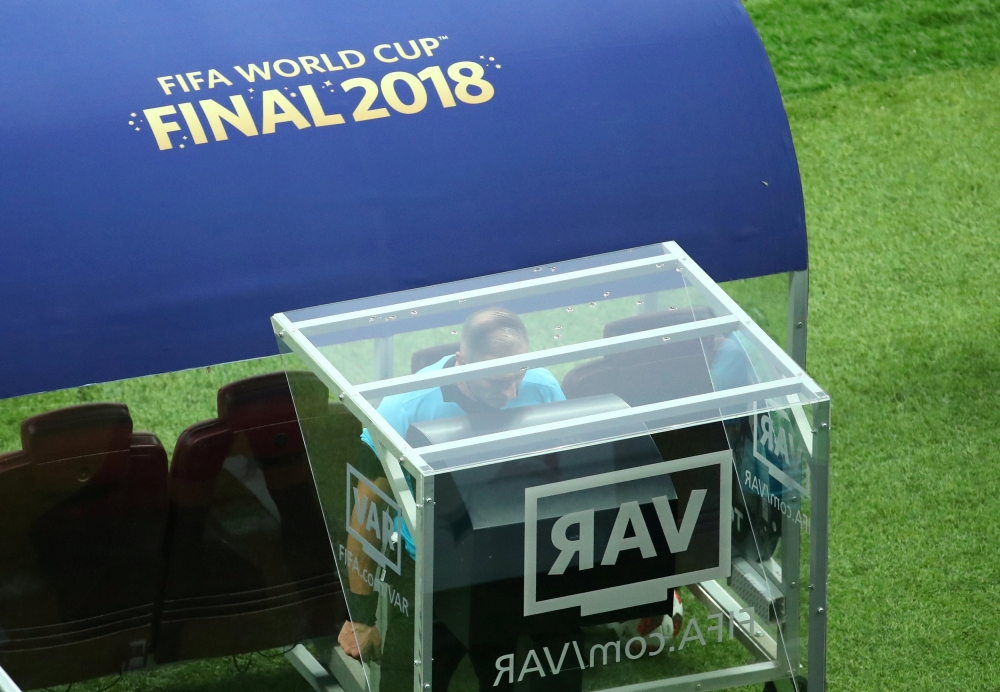 Referee Nestor Pitana checks VAR before the penalty is awarded during the France-Croatia World Cupfinal match in Luzhniki Stadium, Moscow, in this file photo. — Reuters