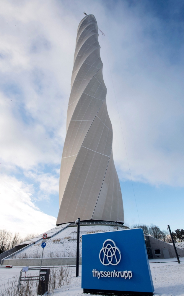 This file photo tshows a view of the elevator test tower of German industrial group ThyssenKrupp in Rottweil, southern Germany. The leadership of the German steel giant Thyssenkrupp, under shareholder pressure for months, announced on Thursday predicting a split in two entities of its historical conglomerate structure. — AFP