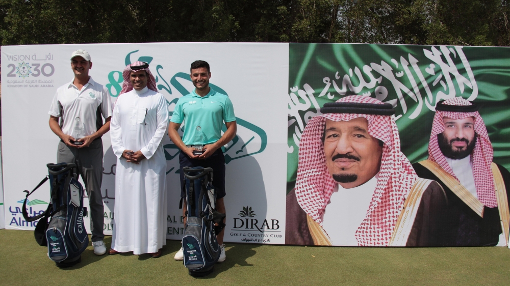 


Champion team Prince Khaled Saud Al-Faisal and Faisal Salhab with Almarai Co. Public Relations Manager Abdullah Al-Otaibi.