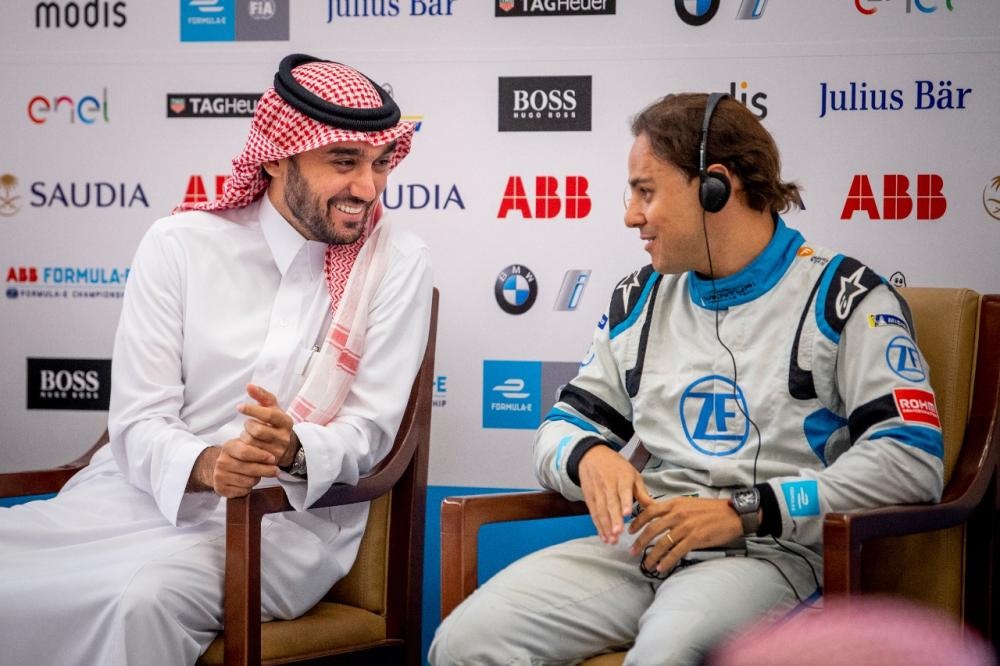 Prince Abdulaziz Bin Turki AlFaisal Al-Saud, Vice-Chair of the Saudi Arabia General Sports Authority, talks to Brazilian former Formula One racing driver Felipe Mass during the announcement of the Saudia Ad Diriyah E-Prix in Riyadh. — File photo