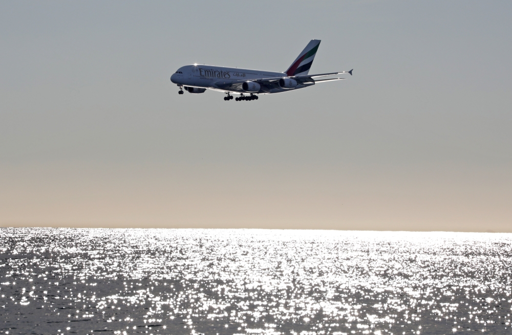 File photo shows an Emirates Airbus A380-800 airliner prepares to land at Nice international airport, France. — Reuters