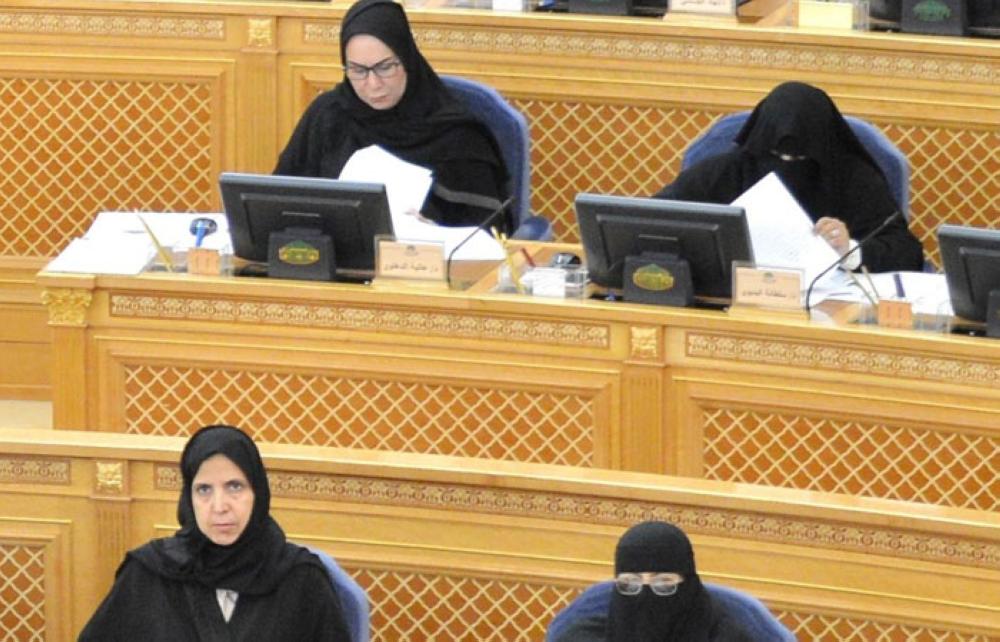Women members of the Shoura Council attending its regular session in Riyadh on Monday. — SPA