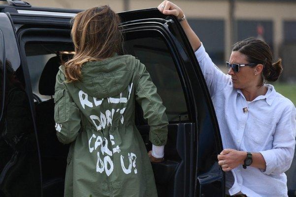 Melania Trump wearing the designer jacket with the words “I Really Don’t Care, Do You?” while en route to visit detained immigrant children who were separated from their families at the US-Mexico border in June. — File photo